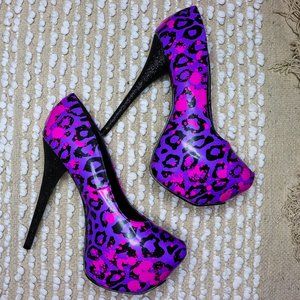 Too Fast Purple and Pink Leopard Print Platform Glittler Heel High Heel Shoes